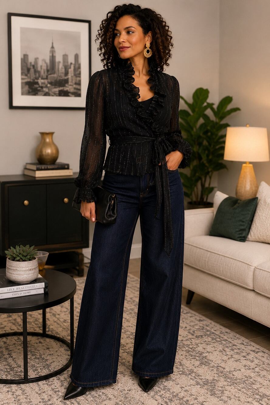 Ceres Black Sheer Wrap Blouse Medium Gold Metallic Stripe Ruffle Collar